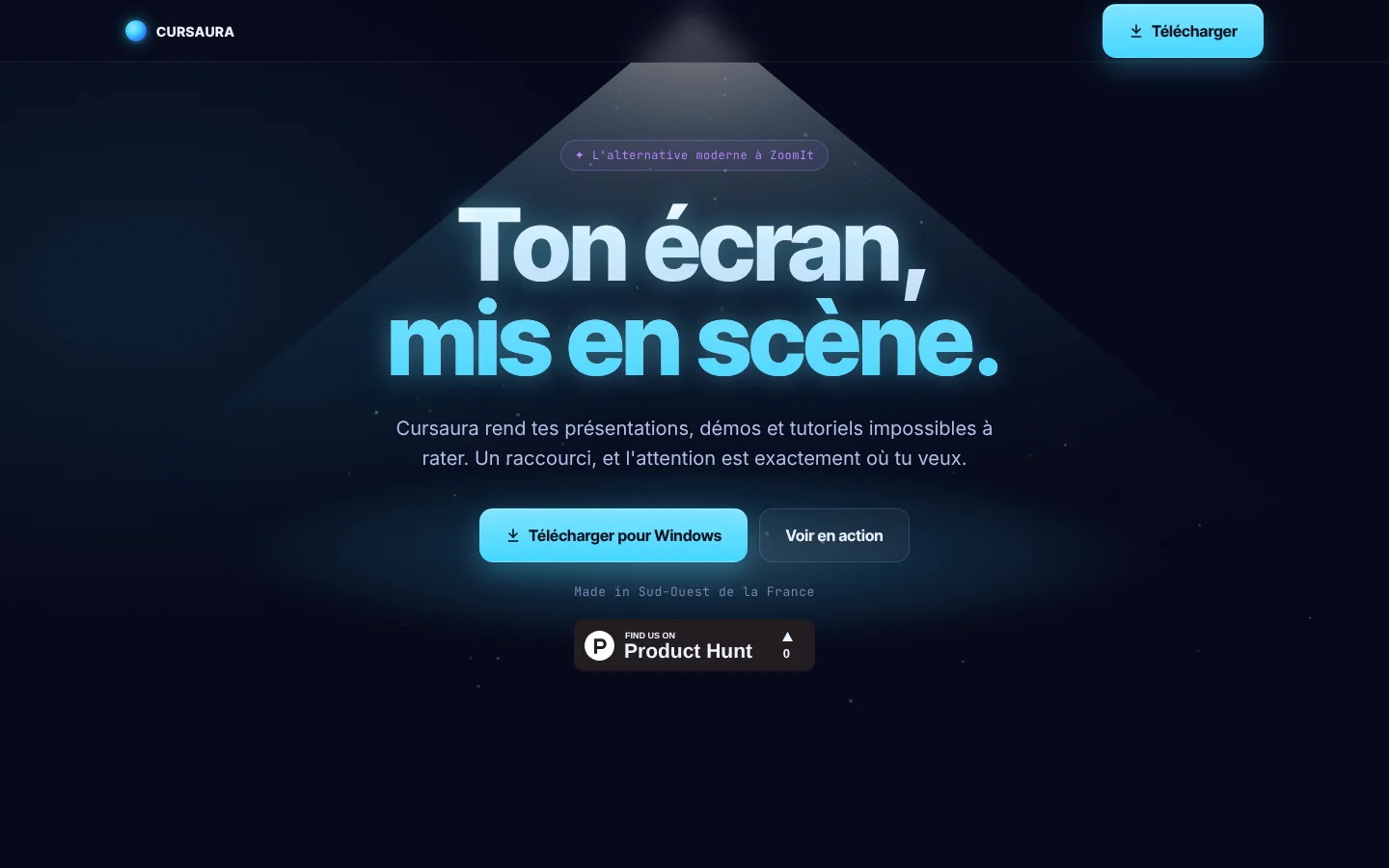 Page d'accueil de Cursaura : « Ton écran, mis en scène. »