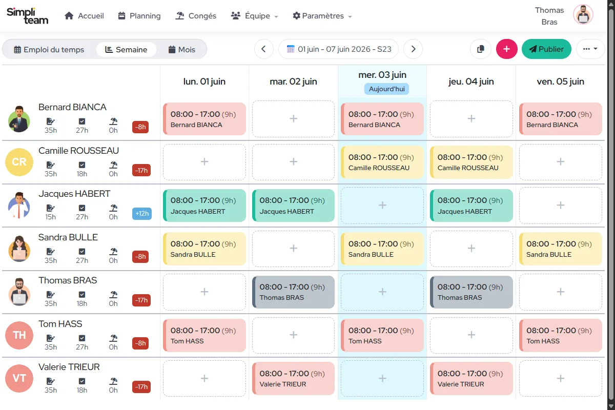 Vue planning de la semaine dans SimpliTeam